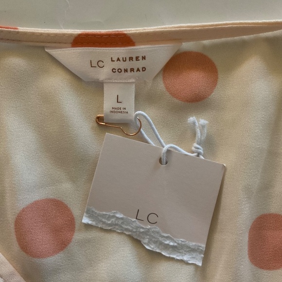 Lauren Conrad Faux Wrap Midi Dress Sz L Peach Orange Polka Dot Flutter Sleeve - Picture 7 of 11